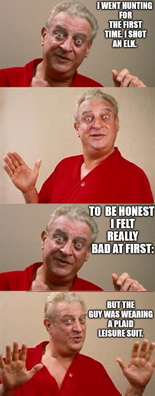 Justice has been served | I WENT HUNTING FOR THE FIRST TIME. I SHOT AN ELK. TO  BE HONEST I FELT REALLY BAD AT FIRST:; BUT THE GUY WAS WEARING A PLAID LEISURE SUIT. | image tagged in bad pun rodney dangerfield,hunting | made w/ Imgflip meme maker