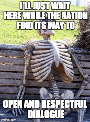 We finish each others sentiments | I'LL JUST WAIT HERE WHILE THE NATION FIND ITS WAY TO; OPEN AND RESPECTFUL DIALOGUE | image tagged in memes,waiting skeleton | made w/ Imgflip meme maker
