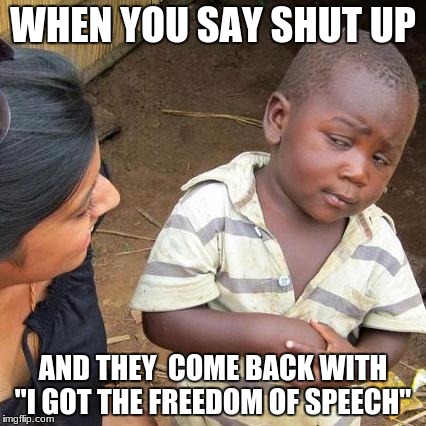 Third World Skeptical Kid Meme | WHEN YOU SAY SHUT UP; AND THEY  COME BACK WITH "I GOT THE FREEDOM OF SPEECH" | image tagged in memes,third world skeptical kid | made w/ Imgflip meme maker