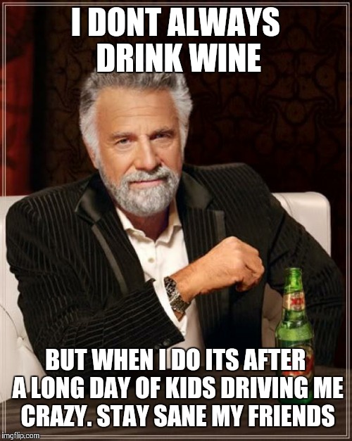 The Most Interesting Man In The World | I DONT ALWAYS DRINK WINE; BUT WHEN I DO ITS AFTER A LONG DAY OF KIDS DRIVING
ME CRAZY.
STAY SANE MY FRIENDS | image tagged in memes,the most interesting man in the world | made w/ Imgflip meme maker