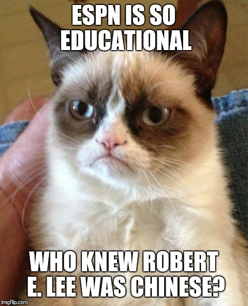 Grumpy Cat | ESPN IS SO EDUCATIONAL; WHO KNEW ROBERT E. LEE WAS CHINESE? | image tagged in memes,grumpy cat | made w/ Imgflip meme maker