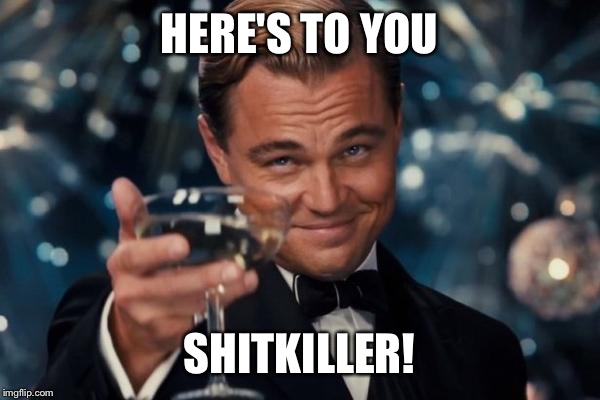 Leonardo Dicaprio Cheers Meme | HERE'S TO YOU SHITKILLER! | image tagged in memes,leonardo dicaprio cheers | made w/ Imgflip meme maker