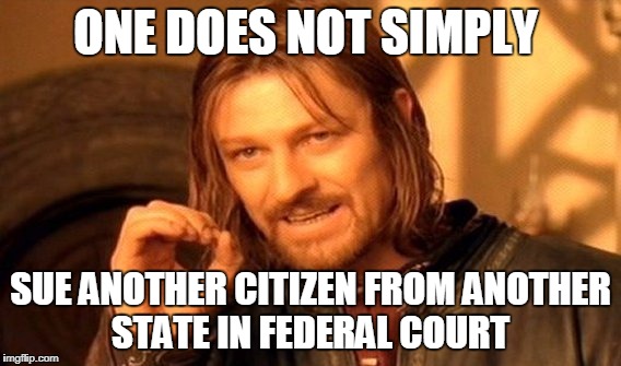 One Does Not Simply Meme | ONE DOES NOT SIMPLY; SUE ANOTHER CITIZEN FROM ANOTHER STATE IN FEDERAL COURT | image tagged in memes,one does not simply | made w/ Imgflip meme maker