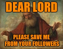 god | DEAR LORD; PLEASE SAVE ME FROM YOUR FOLLOWERS | image tagged in god | made w/ Imgflip meme maker