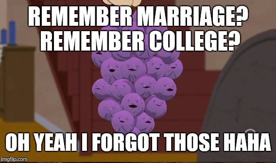 REMEMBER MARRIAGE? REMEMBER COLLEGE? OH YEAH I FORGOT THOSE HAHA | made w/ Imgflip meme maker