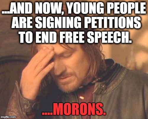 Frustrated Borimir | ...AND NOW, YOUNG PEOPLE  ARE SIGNING PETITIONS TO END FREE SPEECH. ....MORONS. | image tagged in frustrated borimir | made w/ Imgflip meme maker