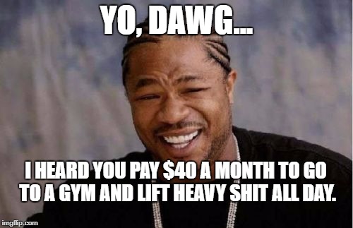 Yo Dawg Heard You | YO, DAWG... I HEARD YOU PAY $40 A MONTH TO GO TO A GYM AND LIFT HEAVY SHIT ALL DAY. | image tagged in memes,yo dawg heard you | made w/ Imgflip meme maker