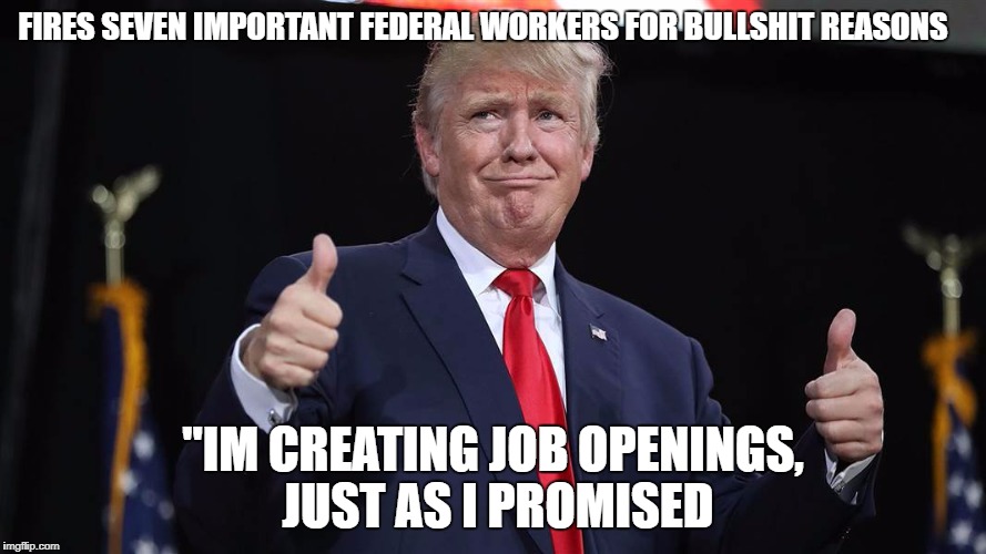 FIRES SEVEN IMPORTANT FEDERAL WORKERS FOR BULLSHIT REASONS; "IM CREATING JOB OPENINGS, JUST AS I PROMISED | image tagged in trumpsthumbsup | made w/ Imgflip meme maker
