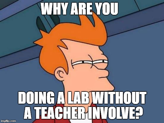 Futurama Fry Meme | WHY ARE YOU; DOING A LAB WITHOUT A TEACHER INVOLVE? | image tagged in memes,futurama fry | made w/ Imgflip meme maker