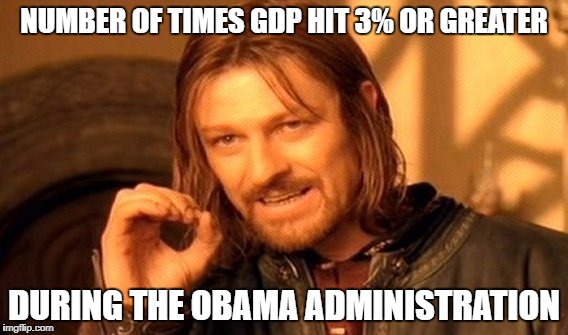 One Does Not Simply Meme | NUMBER OF TIMES GDP HIT 3% OR GREATER DURING THE OBAMA ADMINISTRATION | image tagged in memes,one does not simply | made w/ Imgflip meme maker