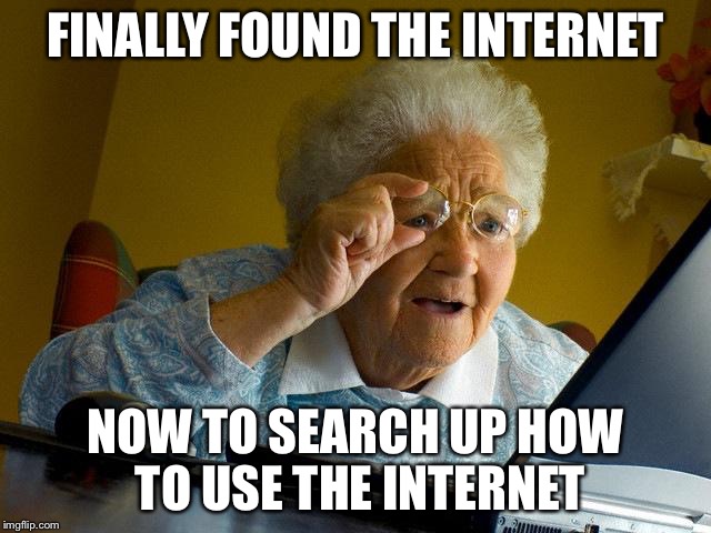 Grandma Finds The Internet | FINALLY FOUND THE INTERNET; NOW TO SEARCH UP HOW TO USE THE INTERNET | image tagged in memes,grandma finds the internet | made w/ Imgflip meme maker