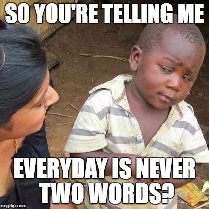 Third World Skeptical Kid Meme | SO YOU'RE TELLING ME EVERYDAY IS NEVER TWO WORDS? | image tagged in memes,third world skeptical kid | made w/ Imgflip meme maker