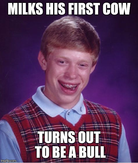 For anyone who missed Kingpin | MILKS HIS FIRST COW; TURNS OUT TO BE A BULL | image tagged in memes,bad luck brian | made w/ Imgflip meme maker