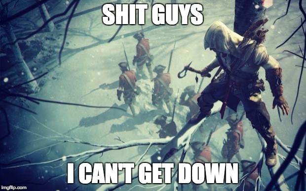 assassin creed | SHIT GUYS; I CAN'T GET DOWN | image tagged in assassin creed | made w/ Imgflip meme maker