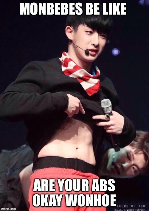 Wonho | MONBEBES BE LIKE; ARE YOUR ABS OKAY WONHOE | image tagged in abs,kpop fans be like,kpop | made w/ Imgflip meme maker