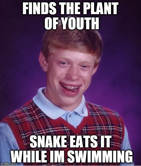 Bad Luck Brian Meme | FINDS THE PLANT OF YOUTH; SNAKE EATS IT WHILE IM SWIMMING | image tagged in memes,bad luck brian | made w/ Imgflip meme maker