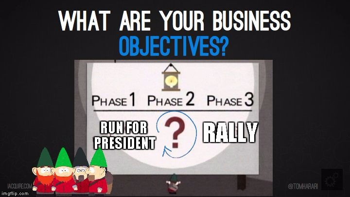 Underpants Gnomes | RALLY; RUN FOR PRESIDENT | image tagged in underpants gnomes | made w/ Imgflip meme maker