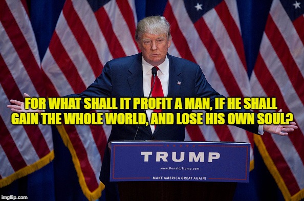 Donald Trump | FOR WHAT SHALL IT PROFIT A MAN, IF HE SHALL GAIN THE WHOLE WORLD, AND LOSE HIS OWN SOUL? | image tagged in donald trump | made w/ Imgflip meme maker