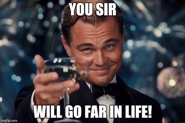 Leonardo Dicaprio Cheers Meme | YOU SIR WILL GO FAR IN LIFE! | image tagged in memes,leonardo dicaprio cheers | made w/ Imgflip meme maker