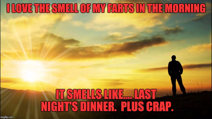 Inspired! | I LOVE THE SMELL OF MY FARTS IN THE MORNING; IT SMELLS LIKE.... LAST NIGHT'S DINNER.  PLUS CRAP. | image tagged in inspirational,funny memes,memes,funny,dank memes | made w/ Imgflip meme maker