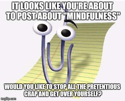 Microsoft Paperclip | IT LOOKS LIKE YOU'RE ABOUT TO POST ABOUT "MINDFULNESS"; WOULD YOU LIKE TO STOP ALL THE PRETENTIOUS CRAP AND GET OVER YOURSELF? | image tagged in microsoft paperclip | made w/ Imgflip meme maker