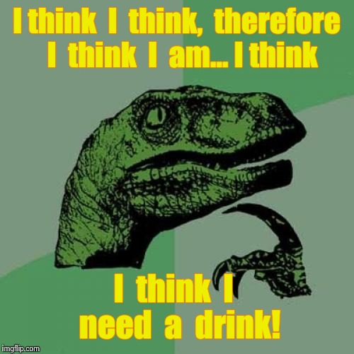 Philosoraptor |  I think  I  think,  therefore  I  think  I  am... I think; I  think  I  need  a  drink! | image tagged in memes,philosoraptor | made w/ Imgflip meme maker