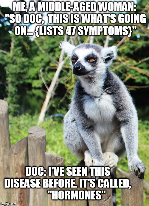 Hormones | ME, A MIDDLE-AGED WOMAN: "SO DOC,  THIS IS WHAT'S GOING ON... {LISTS 47 SYMPTOMS}"; DOC: I'VE SEEN THIS DISEASE BEFORE. IT'S CALLED,
         "HORMONES" | image tagged in hormones,woman problems,funny,middle aged,menopause | made w/ Imgflip meme maker