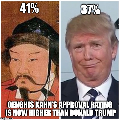 37%; 41%; GENGHIS KAHN'S APPROVAL RATING IS NOW HIGHER THAN DONALD TRUMP | image tagged in genghis kahn vs donald trump | made w/ Imgflip meme maker