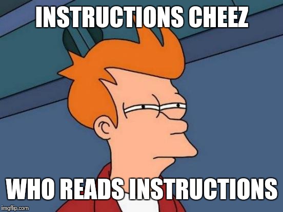 Futurama Fry Meme | INSTRUCTIONS CHEEZ WHO READS INSTRUCTIONS | image tagged in memes,futurama fry | made w/ Imgflip meme maker