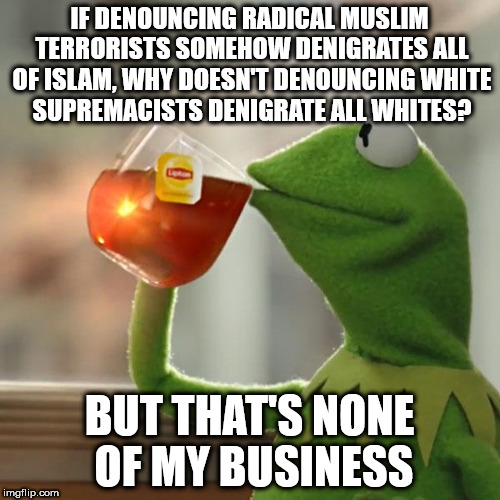 But That's None Of My Business Meme | IF DENOUNCING RADICAL MUSLIM TERRORISTS SOMEHOW DENIGRATES ALL OF ISLAM, WHY DOESN'T DENOUNCING WHITE SUPREMACISTS DENIGRATE ALL WHITES? BUT THAT'S NONE OF MY BUSINESS | image tagged in memes,but thats none of my business,kermit the frog | made w/ Imgflip meme maker