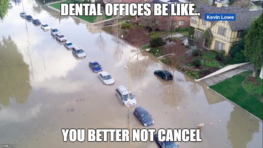 flood cars | DENTAL OFFICES BE LIKE.. YOU BETTER NOT CANCEL | image tagged in flood cars | made w/ Imgflip meme maker