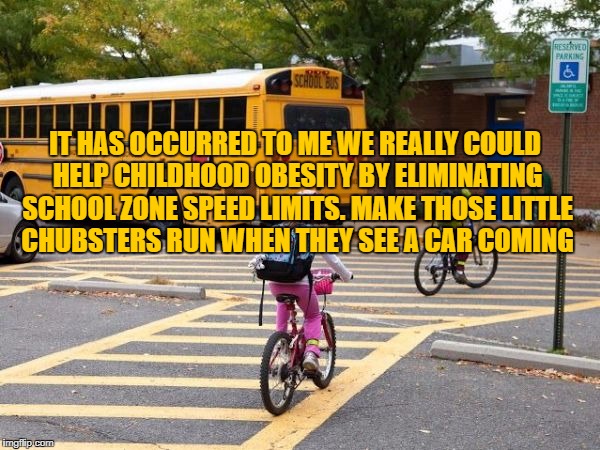 school zone | IT HAS OCCURRED TO ME WE REALLY COULD HELP CHILDHOOD OBESITY BY ELIMINATING SCHOOL ZONE SPEED LIMITS. MAKE THOSE LITTLE CHUBSTERS RUN WHEN THEY SEE A CAR COMING | image tagged in school,funny,funny memes,memes,fat kid | made w/ Imgflip meme maker