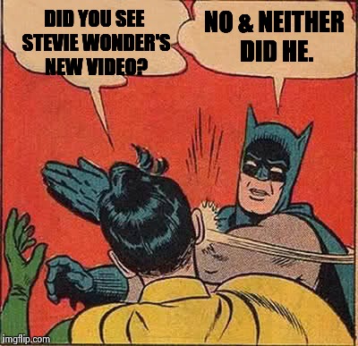 Batman Slapping Robin Meme | DID YOU SEE STEVIE WONDER'S NEW VIDEO? NO & NEITHER DID HE. | image tagged in memes,batman slapping robin | made w/ Imgflip meme maker