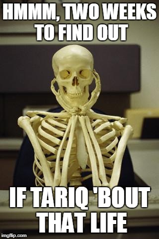 HMMM, TWO WEEKS TO FIND OUT; IF TARIQ 'BOUT THAT LIFE | image tagged in waiting skeleton | made w/ Imgflip meme maker