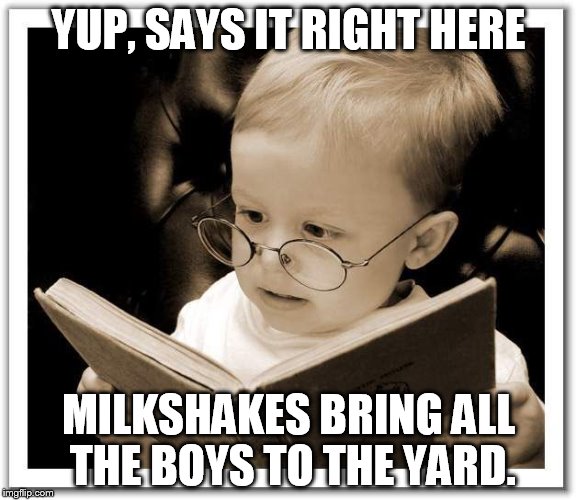 Milkshakes do indeed bring the boys to the yard | YUP, SAYS IT RIGHT HERE; MILKSHAKES BRING ALL THE BOYS TO THE YARD. | image tagged in milkshake,skeptical baby,baby,memes,funny | made w/ Imgflip meme maker