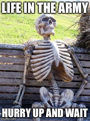 Waiting Skeleton Meme | LIFE IN THE ARMY; HURRY UP AND WAIT | image tagged in memes,waiting skeleton | made w/ Imgflip meme maker