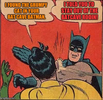 Batman Slapping Robin | I FOUND THE GRUMPY CAT IN YOUR BAT CAVE BATMAN. I TOLD YOU TO STAY OUT OF THE BATCAVE RODIN! | image tagged in memes,batman slapping robin | made w/ Imgflip meme maker