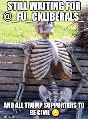 Waiting Skeleton Meme | STILL WAITING FOR @_FU_CKLIBERALS_; AND ALL TRUMP SUPPORTERS
TO BE CIVIL 😕 | image tagged in memes,waiting skeleton | made w/ Imgflip meme maker