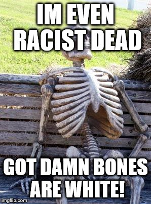 Waiting Skeleton Meme | IM EVEN RACIST DEAD; GOT DAMN BONES ARE WHITE! | image tagged in memes,waiting skeleton | made w/ Imgflip meme maker