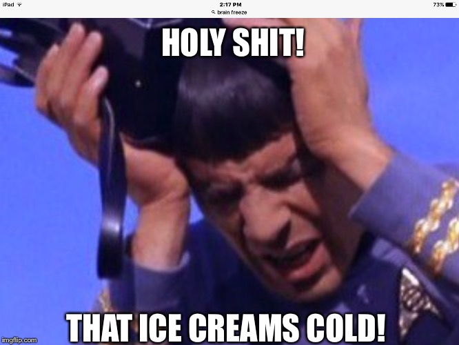 When your human half still gets brain freezes | HOLY SHIT! THAT ICE CREAMS COLD! | image tagged in memes,spock,ice cream | made w/ Imgflip meme maker