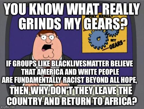 This might be harsh, but you'd think they'd be happier in black-majority countries. | YOU KNOW WHAT REALLY GRINDS MY GEARS? IF GROUPS LIKE BLACKLIVESMATTER BELIEVE THAT AMERICA AND WHITE PEOPLE ARE FUNDAMENTALLY RACIST BEYOND ALL HOPE, THEN WHY DON'T THEY LEAVE THE COUNTRY AND RETURN TO AFRICA? | image tagged in memes,peter griffin news | made w/ Imgflip meme maker