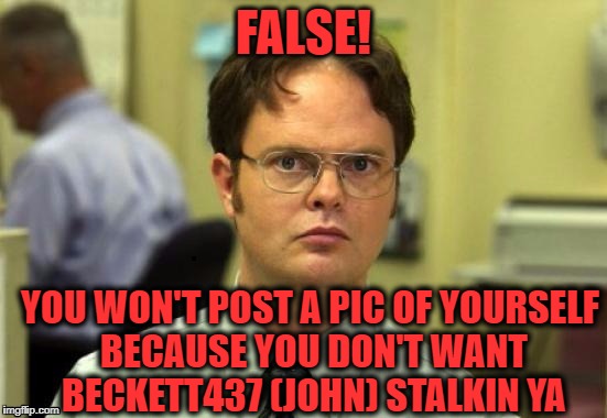 dwight | FALSE! YOU WON'T POST A PIC OF YOURSELF BECAUSE YOU DON'T WANT BECKETT437 (JOHN) STALKIN YA | image tagged in dwight | made w/ Imgflip meme maker