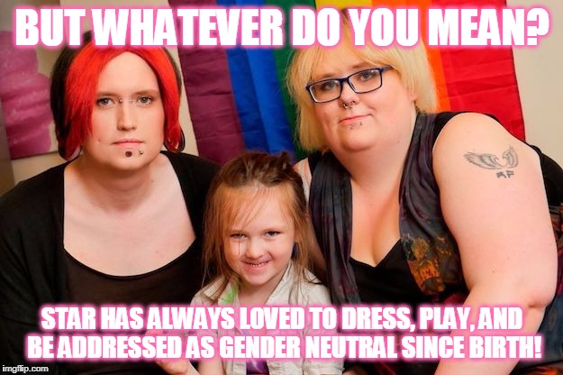 BUT WHATEVER DO YOU MEAN? STAR HAS ALWAYS LOVED TO DRESS, PLAY, AND BE ADDRESSED AS GENDER NEUTRAL SINCE BIRTH! | made w/ Imgflip meme maker