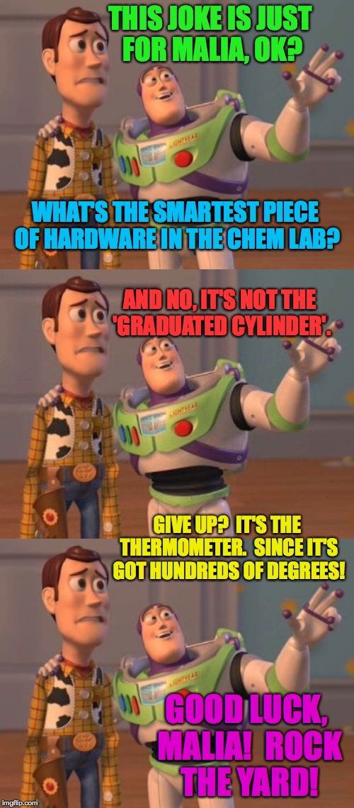 Good luck at Harvard, Malia Obama! | THIS JOKE IS JUST FOR MALIA, OK? WHAT'S THE SMARTEST PIECE OF HARDWARE IN THE CHEM LAB? AND NO, IT'S NOT THE 'GRADUATED CYLINDER'. GIVE UP?  IT'S THE THERMOMETER.  SINCE IT'S GOT HUNDREDS OF DEGREES! GOOD LUCK, MALIA!  ROCK THE YARD! | image tagged in memes,buzz driving woody,malia,harvard | made w/ Imgflip meme maker