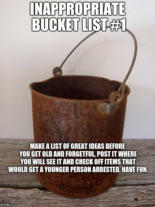 Rust bucket | INAPPROPRIATE BUCKET LIST #1; MAKE A LIST OF GREAT IDEAS BEFORE YOU GET OLD AND FORGETFUL, POST IT WHERE YOU WILL SEE IT AND CHECK OFF ITEMS THAT WOULD GET A YOUNGER PERSON ARRESTED, HAVE FUN. | image tagged in rust bucket | made w/ Imgflip meme maker
