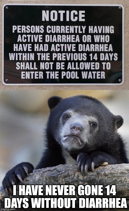 What does a pool and the woods have in common? | I HAVE NEVER GONE 14 DAYS WITHOUT DIARRHEA | image tagged in diarrhea,confession bear,swimming pool | made w/ Imgflip meme maker