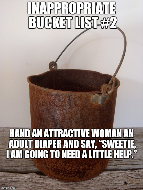 Rust bucket | INAPPROPRIATE BUCKET LIST #2; HAND AN ATTRACTIVE WOMAN AN ADULT DIAPER AND SAY, “SWEETIE, I AM GOING TO NEED A LITTLE HELP.” | image tagged in rust bucket | made w/ Imgflip meme maker