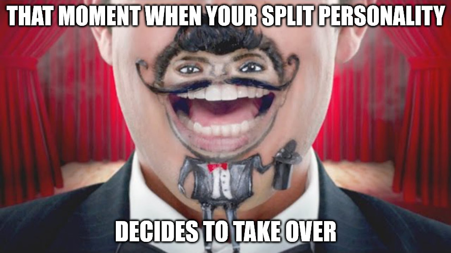 when I was told I had a split personality, we were beside ourselves with anger | THAT MOMENT WHEN YOUR SPLIT PERSONALITY; DECIDES TO TAKE OVER | image tagged in psychosis,split personality | made w/ Imgflip meme maker