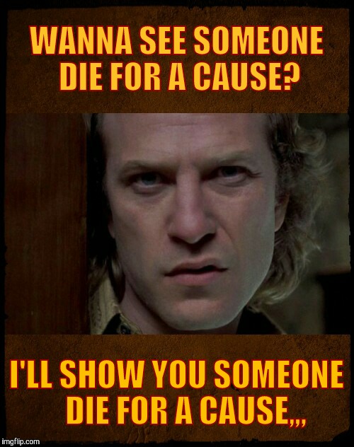 Buffalo Bill, Are you serious?,,, | WANNA SEE SOMEONE DIE FOR A CAUSE? I'LL SHOW YOU SOMEONE   DIE FOR A CAUSE,,, | image tagged in buffalo bill are you serious?   | made w/ Imgflip meme maker