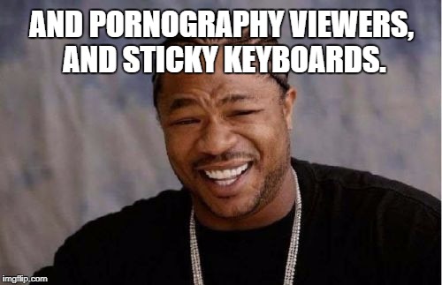 Yo Dawg Heard You Meme | AND PORNOGRAPHY VIEWERS, AND STICKY KEYBOARDS. | image tagged in memes,yo dawg heard you | made w/ Imgflip meme maker